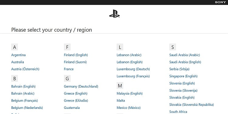 PS4 Country Select