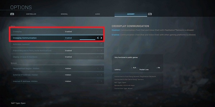 Crossplay Settings Warzone