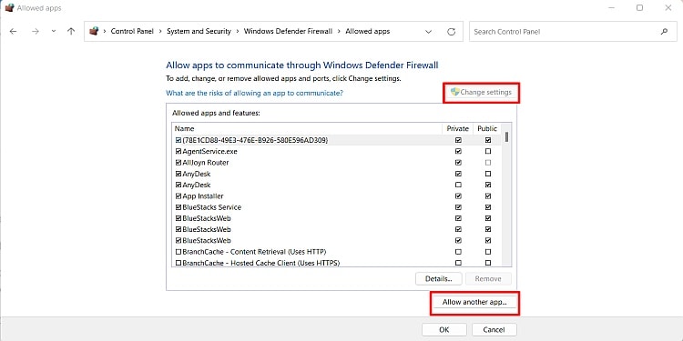 Change Settings in Windows Firewall