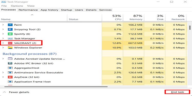 Task Manager Valorant Processes
