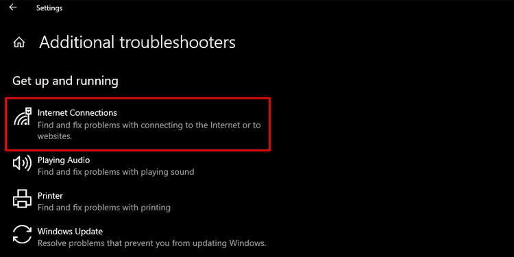 Troubleshooter Internet connection