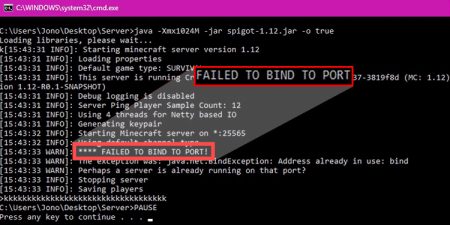 minecraft failed to bind port