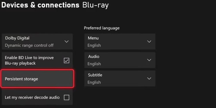 presistent storage menu xbox