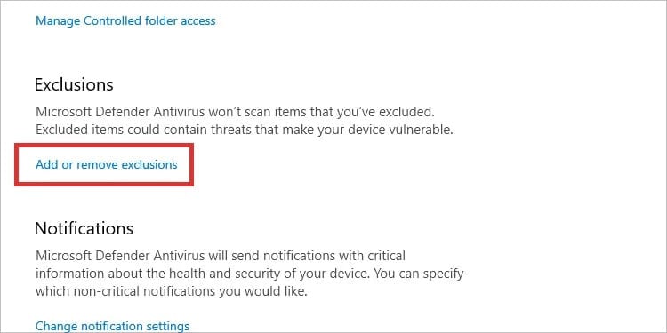 add or remove exclusion antivirus