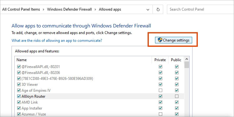 change settings firewall