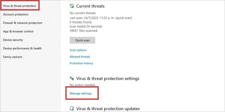 manage settings virus