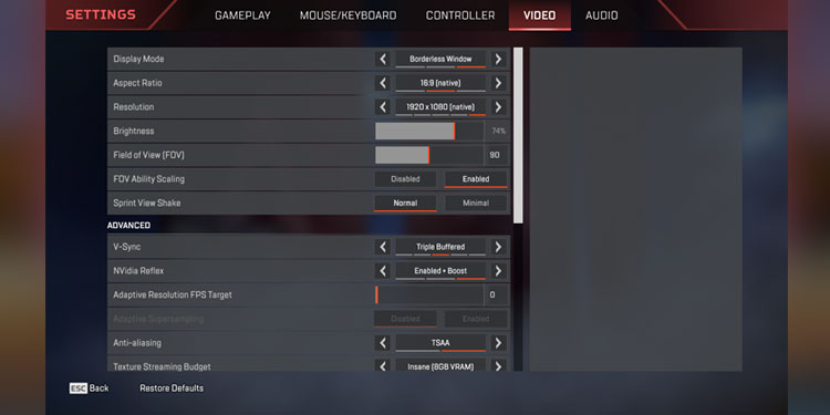 Apex Video Settings