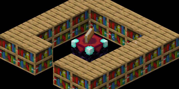 crafting table and bookshelves