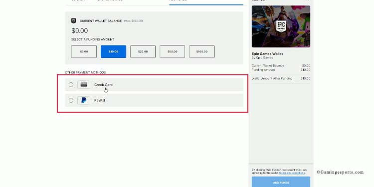 add funds payment method epic games